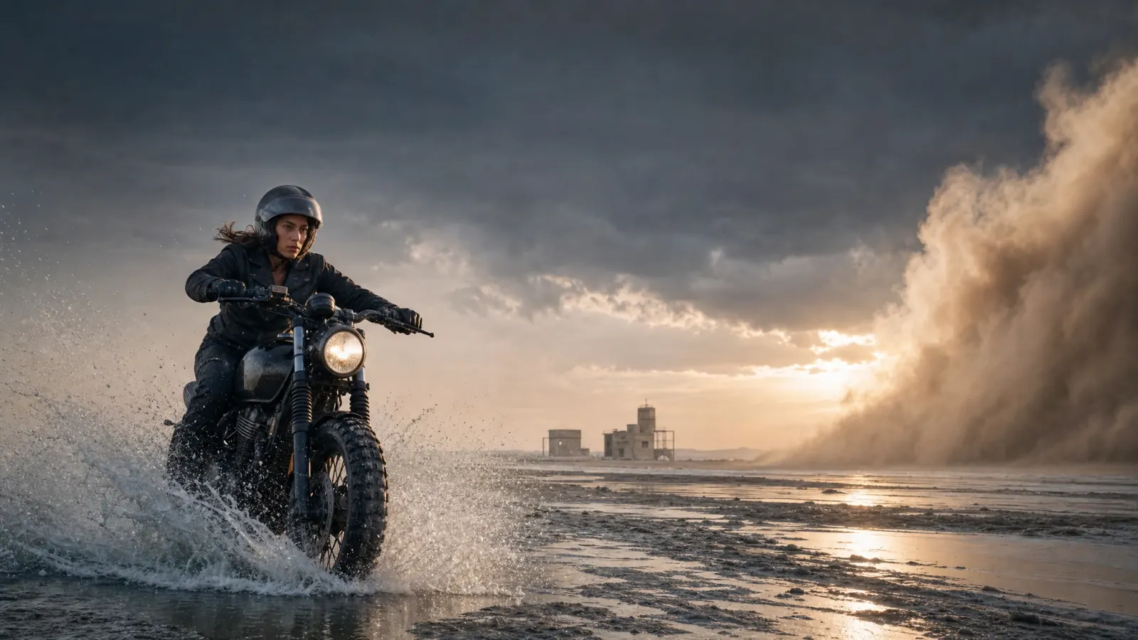 Cinematic AI-generated motorcyclist crossing a flooded salt flat ahead of a dust storm