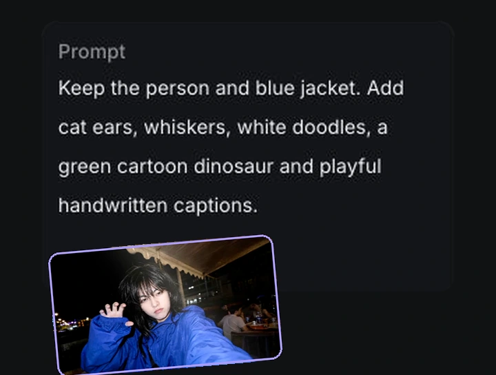 A prompt to add playful doodles, with the original uploaded portrait in a blue jacket