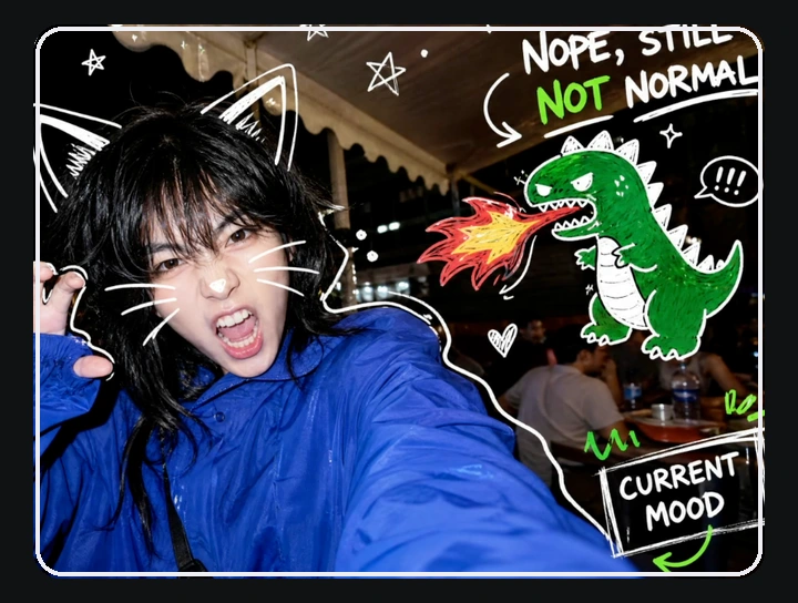The generated portrait with cat ears, whiskers, a green cartoon dinosaur and handwritten doodles