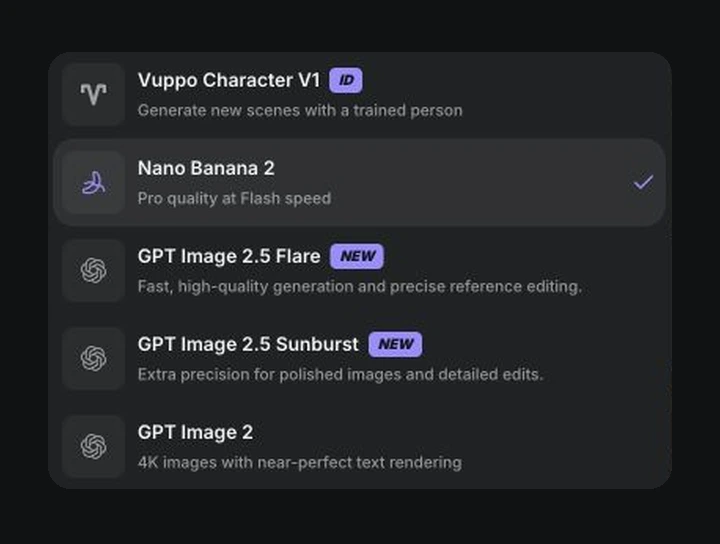 The image model picker with Nano Banana 2 selected