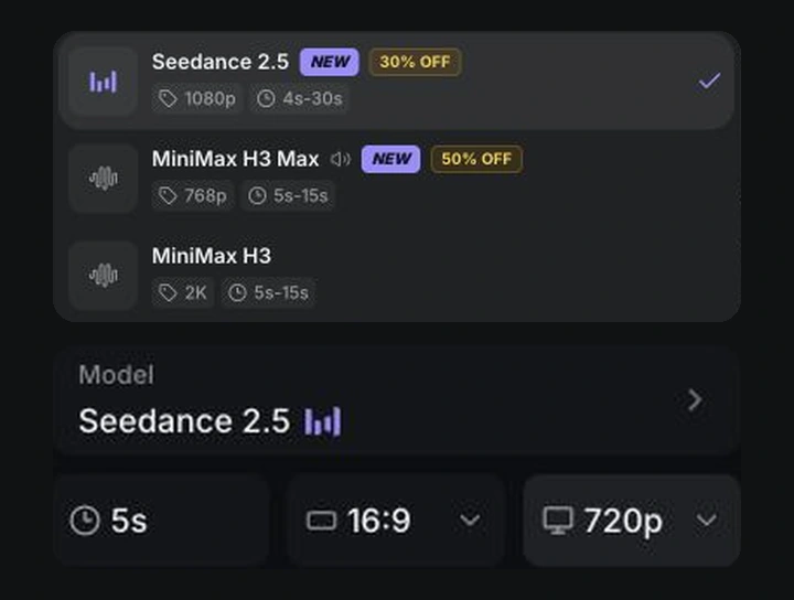 Video model selection with Seedance 2.5, duration, aspect ratio and resolution controls