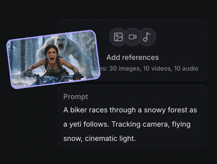 A snowy forest reference image being dragged into the References upload area, with a video prompt below