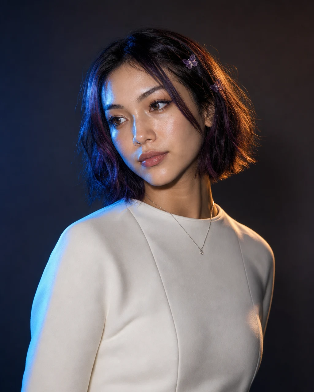 Consistent fictional Character portrait under purple direct-flash lighting