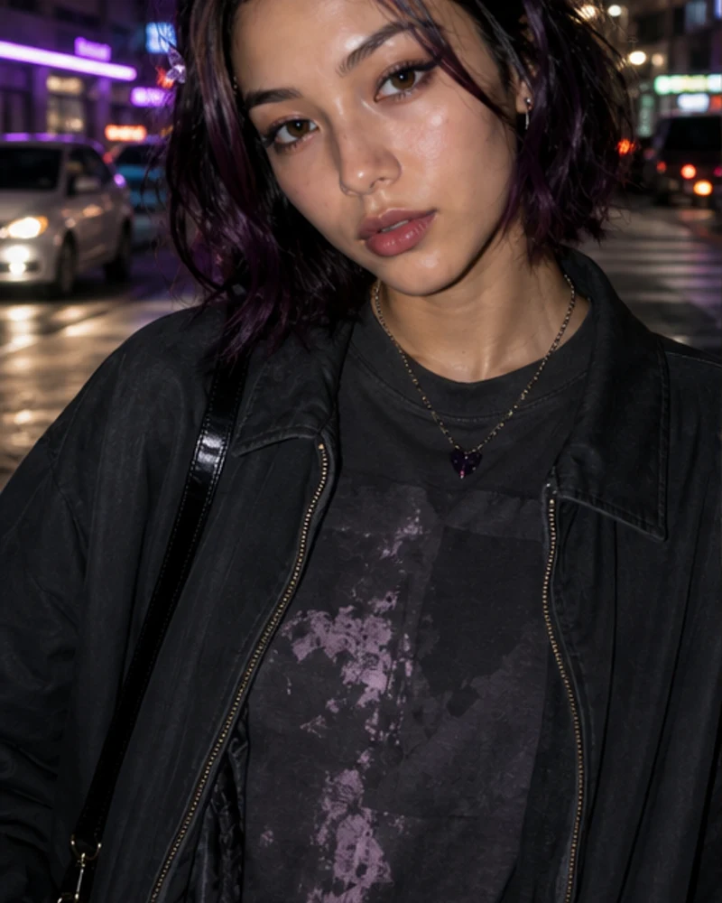 虚拟年轻女性作为一致人物出现在夜间街头场景